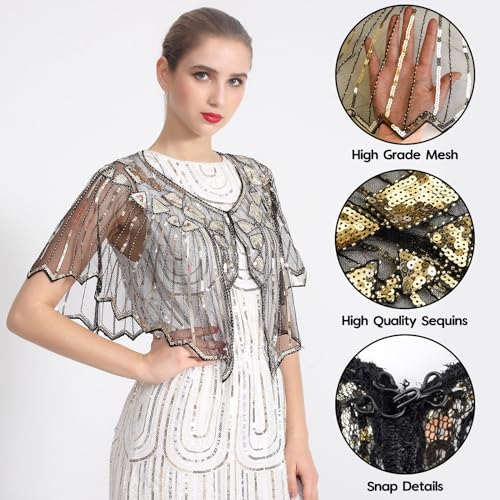 ELECLAND 10 Pieces 1920s Flapper Accessories Set Fashion Roaring 20's Theme Set with Headband Headpiece Long Black Gloves Necklace Earrings for Women (Black Gold) - Image 3