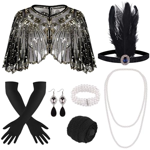 ELECLAND 10 Pieces 1920s Flapper Accessories Set Fashion Roaring 20's Theme Set with Headband Headpiece Long Black Gloves Necklace Earrings for Women (Black Gold) - Image 1