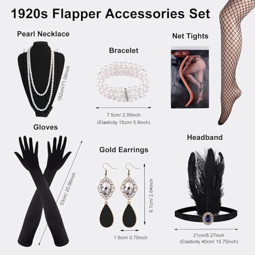ELECLAND 10 Pieces 1920s Flapper Accessories Set Fashion Roaring 20's Theme Set with Headband Headpiece Long Black Gloves Necklace Earrings for Women (Black Gold) - Image 4