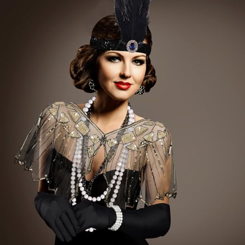 ELECLAND 10 Pieces 1920s Flapper Accessories Set Fashion Roaring 20's Theme Set with Headband Headpiece Long Black Gloves Necklace Earrings for Women (Black Gold) - Image 5