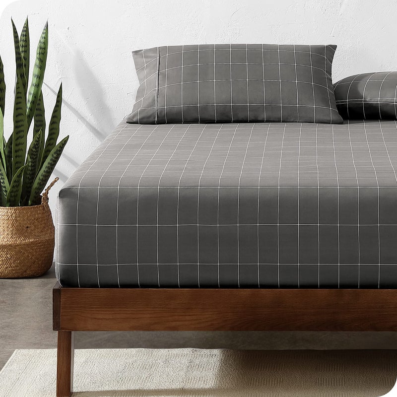 Bare Home Bare Home Fitted Bottom Sheet Twin Size - Premium 1800 Microfiber - Ultra-Soft Hotel Luxury - Deep Pocket - Durable and Long Lasting (Twin  Grid - Grey/White)  - Image 1