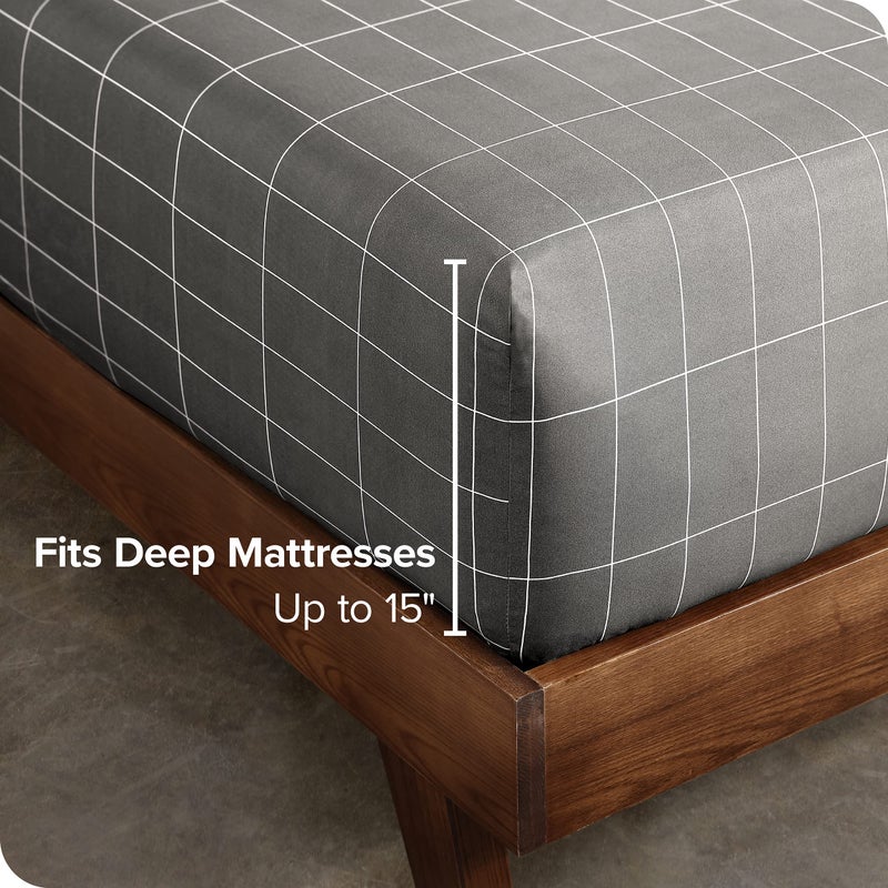 Bare Home Bare Home Fitted Bottom Sheet Twin Size - Premium 1800 Microfiber - Ultra-Soft Hotel Luxury - Deep Pocket - Durable and Long Lasting (Twin  Grid - Grey/White)  - Image 2