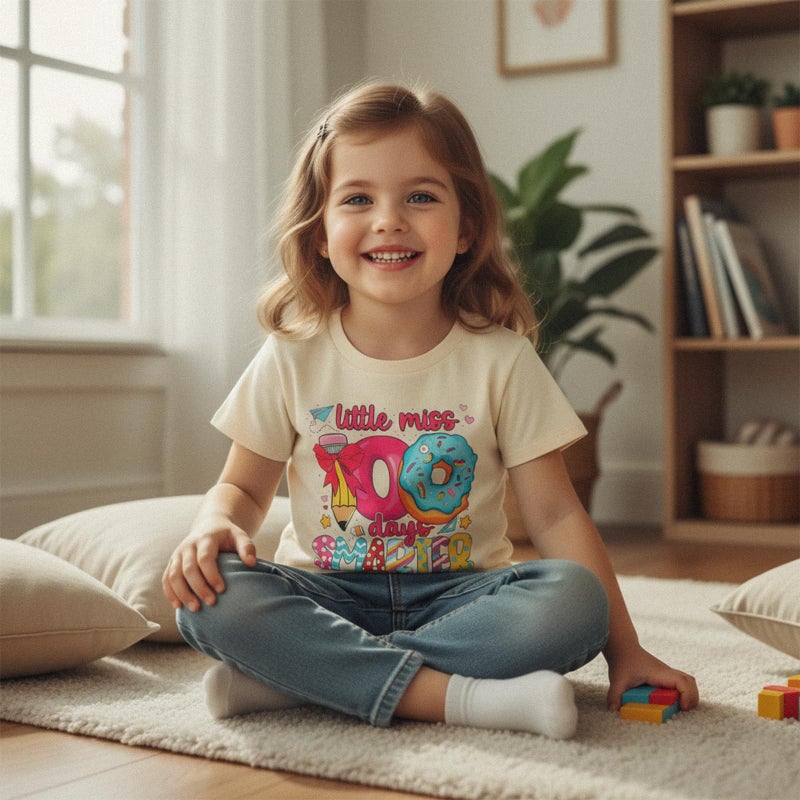 Douhoow Girls 100 Days of School Shirt Short Sleeve Toddler Girl Tops 100th Day of School Shirt Kids (Beige A, 8-9 Years) - Image 2