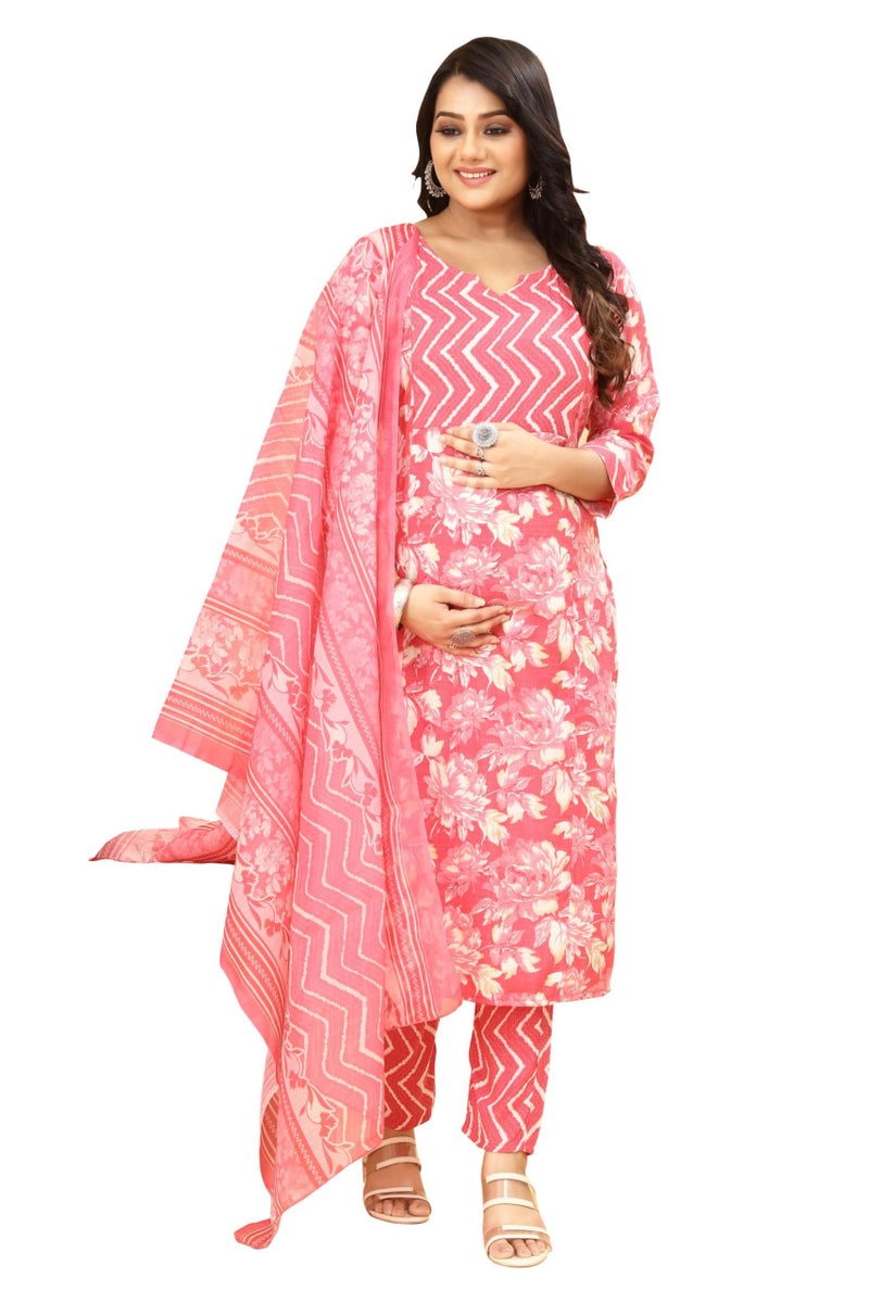 SKY FAB Women Viscose Rayon A-line Maternity and Nursing Kurta Set with Dupatta and Zipper - Pink Floral Pattern, 3/4 Sleeves, Comfortable Fit - Image 1