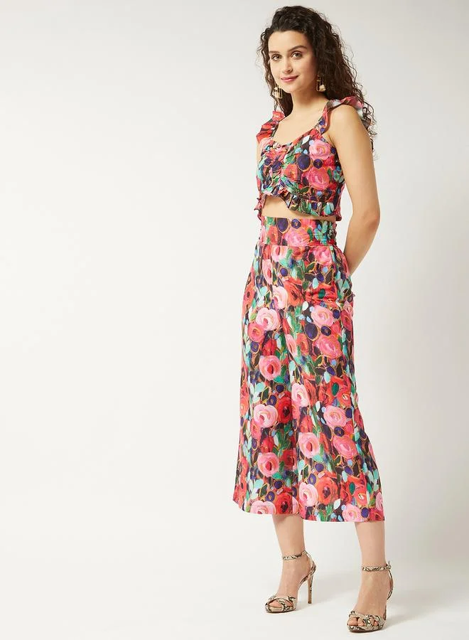 Take Two Multi Floral Print Crop Top and Pants Co-Ords