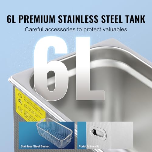 VEVOR Ultrasonic Cleaning with Digital Timer & Heater, Professional Jewelry Cleaner, Stainless Steel Heated Cleaning Machine for Glasses Watch Rings Small Parts Circuit Board (6L) - Image 4