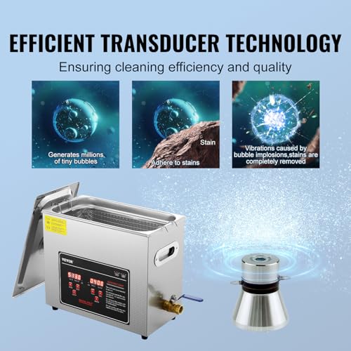VEVOR Ultrasonic Cleaning with Digital Timer & Heater, Professional Jewelry Cleaner, Stainless Steel Heated Cleaning Machine for Glasses Watch Rings Small Parts Circuit Board (6L) - Image 3
