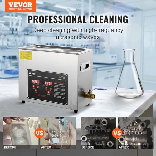 VEVOR Ultrasonic Cleaning with Digital Timer & Heater, Professional Jewelry Cleaner, Stainless Steel Heated Cleaning Machine for Glasses Watch Rings Small Parts Circuit Board (6L) - Image 2