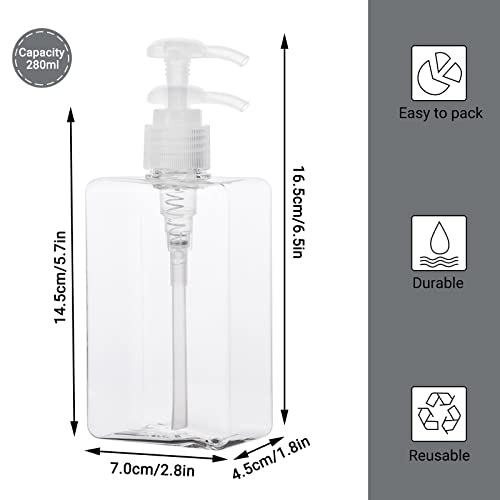 Suream Refillable Shampoo and Conditioner Bottles, 9.5oz/280ml Clear Plastic Pump Dispensers for Shower, Square Empty Bathroom Bottle for Body Wash, Essential Oil, Soap Liquid, Lotion, 3Pack - Image 3