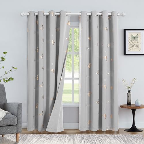Jubilantex Butterfly Grey Blackout Curtain Panels 84 Inch Long 2 Panels for Nursery Kids Room, Floral Gold Foil Print Drapery 90% Blackout Room Darkening Grommet Drapes for Living Room,Gray - Image 2