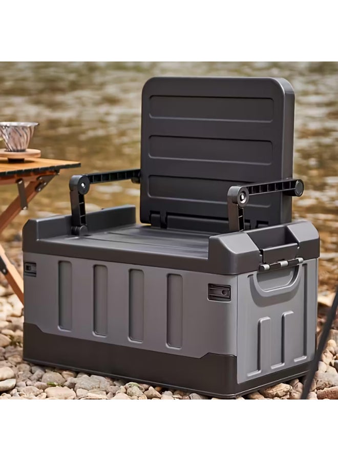 60L Foldable Plastic Storage Box with Lid, Stackable Camping Organizer & Seat,  Grey - Image 1