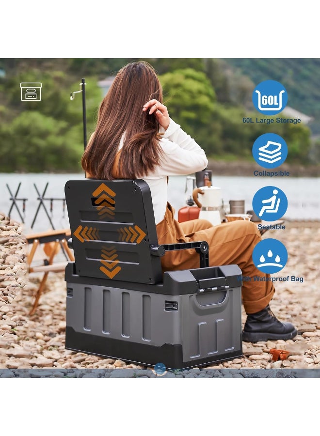 60L Foldable Plastic Storage Box with Lid, Stackable Camping Organizer & Seat,  Grey - Image 4