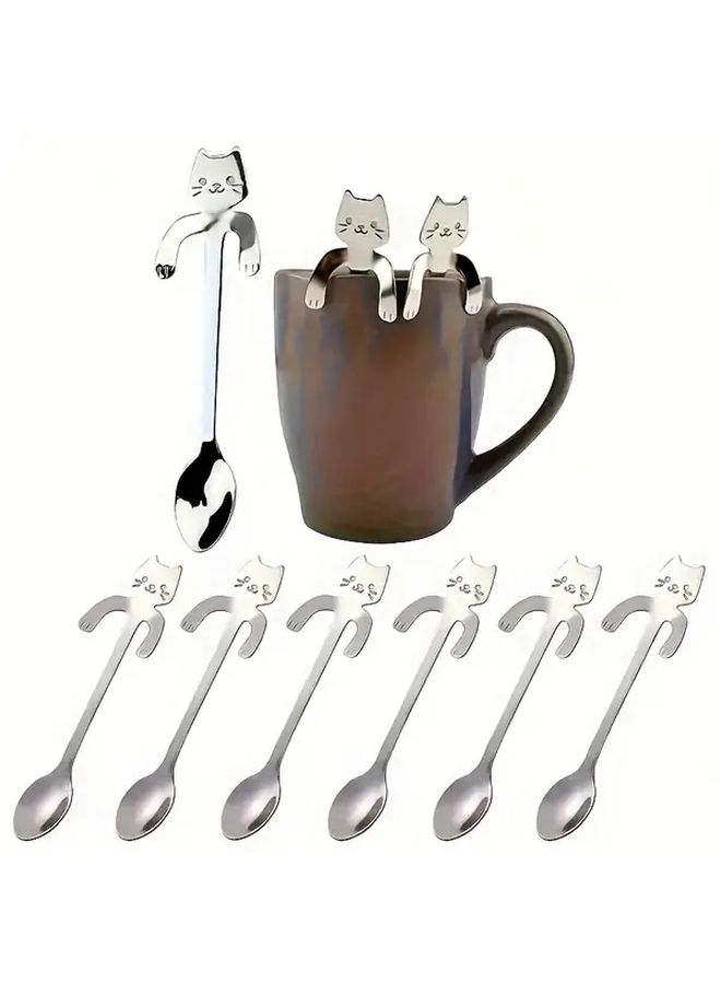 Silvery Stainless Steel Cat Shaped Coffee Spoons Set Mini Ice Cream Scoops for Cat Lovers - Image 1