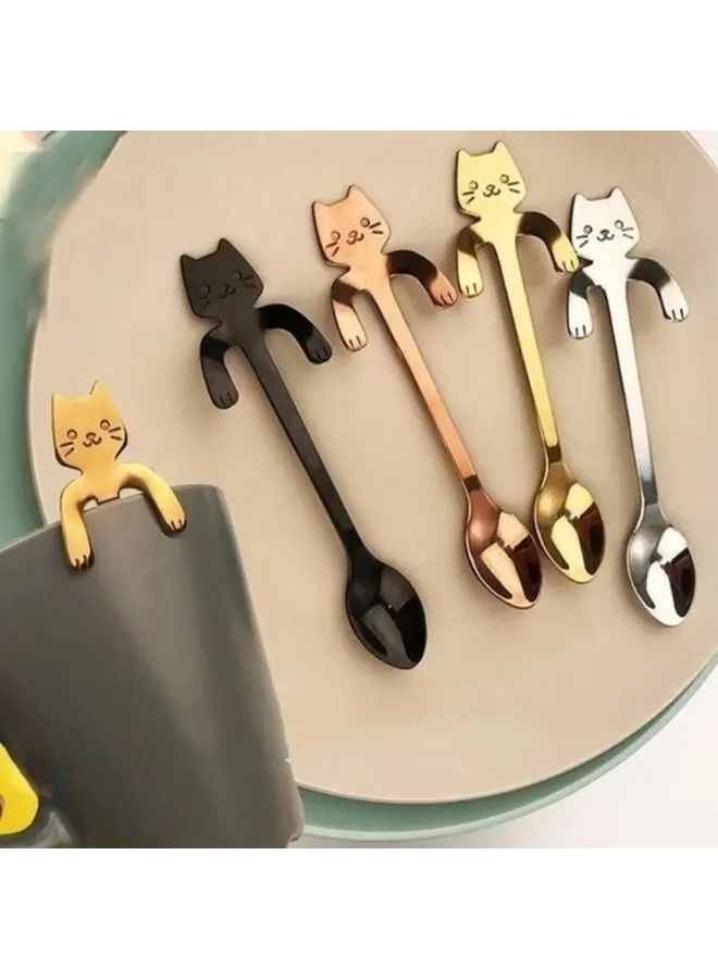 Silvery Stainless Steel Cat Shaped Coffee Spoons Set Mini Ice Cream Scoops for Cat Lovers - Image 2