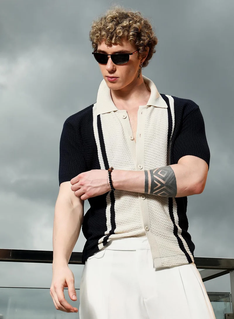 Men's Navy And Cream Textured Knit Polo Shirt