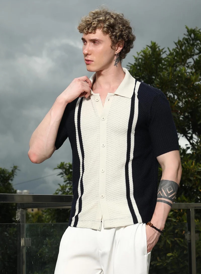 CAHOOT  Men's Navy And Cream Textured Knit Polo Shirt for Men | Best Price UAE