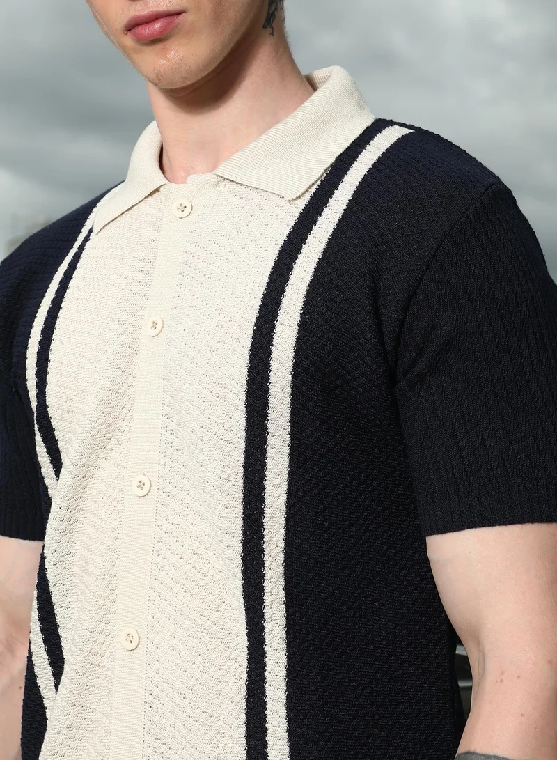 CAHOOT  Men's Navy And Cream Textured Knit Polo Shirt for Men | Best Price UAE