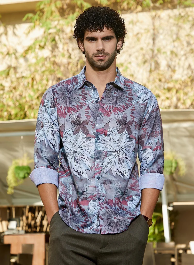 Campus Sutra Men's Rhythm Grey Stained-Botanics Shirt