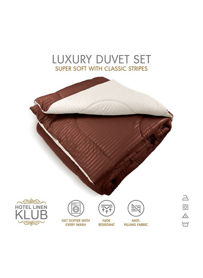 Hotel Linen Klub - Hotel Linen Klub  Reversible Down Alternative Comforter  Set -Ultra Soft Brushed Stripe Microfiber Fabric, 200GSM Soft Fibersheet Filling, Size :Double 220 x 240cm , Color: Chocolate & Cream - Image 1