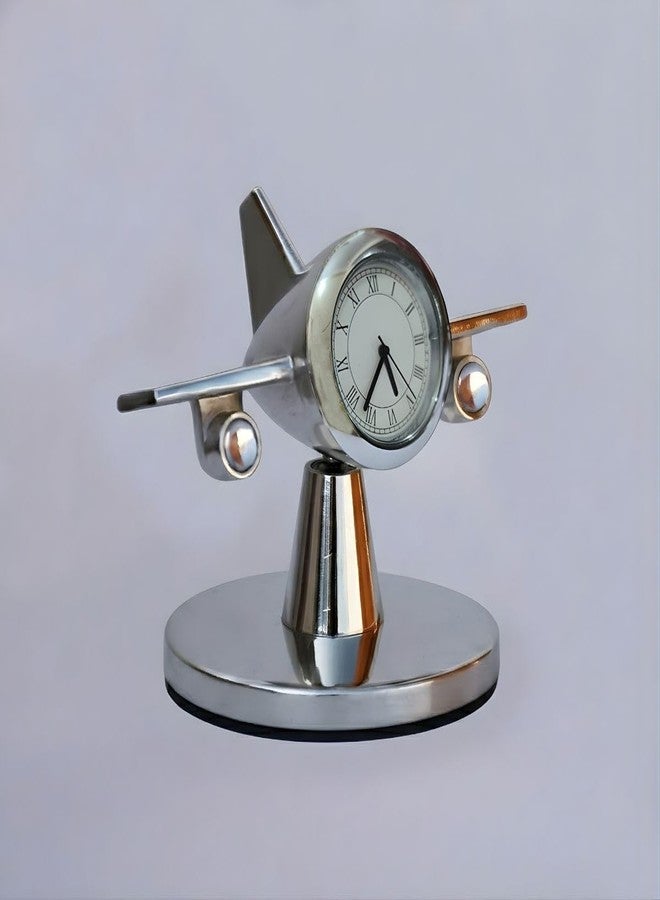 Saugat Traders Rotating Silver Airplane Table Clock Showpiece - Miniature Aeroplane Clock for Office Desk, Study Table Paper Weight - Diwali - New Year Corporate Gift for Client, Employees, Men, Boys - Image 1