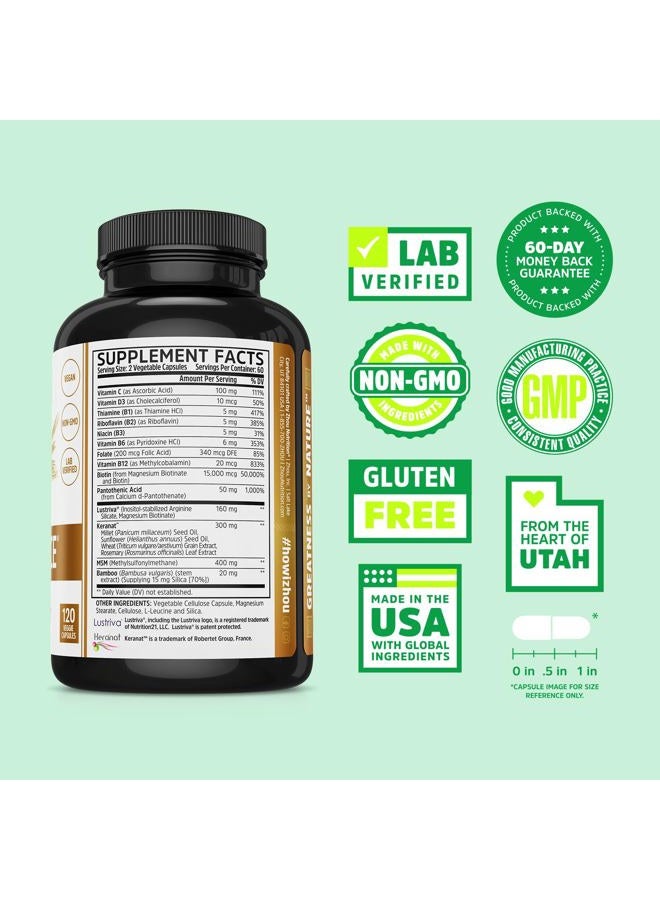 Zhou Hairfluence, Hair Growth Supplement with Clinically Studied Lustriva and Keranat and Hair Vitamins Biotin 5000mcg, Vitamin D, A, C & B12, Non-GMO, Gluten Free, 120 VegCaps - Image 2