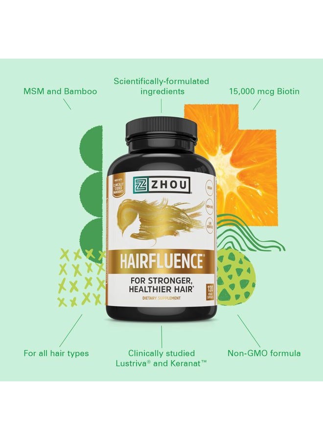 Zhou Hairfluence, Hair Growth Supplement with Clinically Studied Lustriva and Keranat and Hair Vitamins Biotin 5000mcg, Vitamin D, A, C & B12, Non-GMO, Gluten Free, 120 VegCaps - Image 4