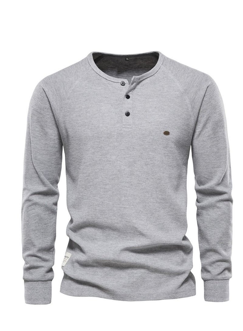 Loquat Autumn/Winter Henry Neck Long Sleeve Waffle Solid Color Men's T-shirt 