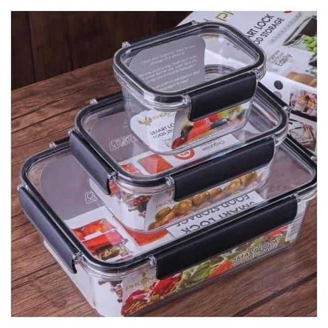 فينيكس علبة طعام للثلاجة من الاكريليك، مجموعة علب طعام مكونة من 3 قطع مع قفل محكم - جوانب سيليكون شفافة - Image 1