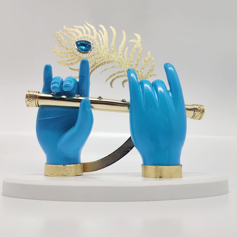 JSK Arts Gold Plated Krishna Ji Hands with Flute Figurine 24k Gold Plated with Blue Hand of Krishna Very Classical Piece for Dcor As Well As Wedding and Corporate Gifting Purposes 7 Incn - Image 1