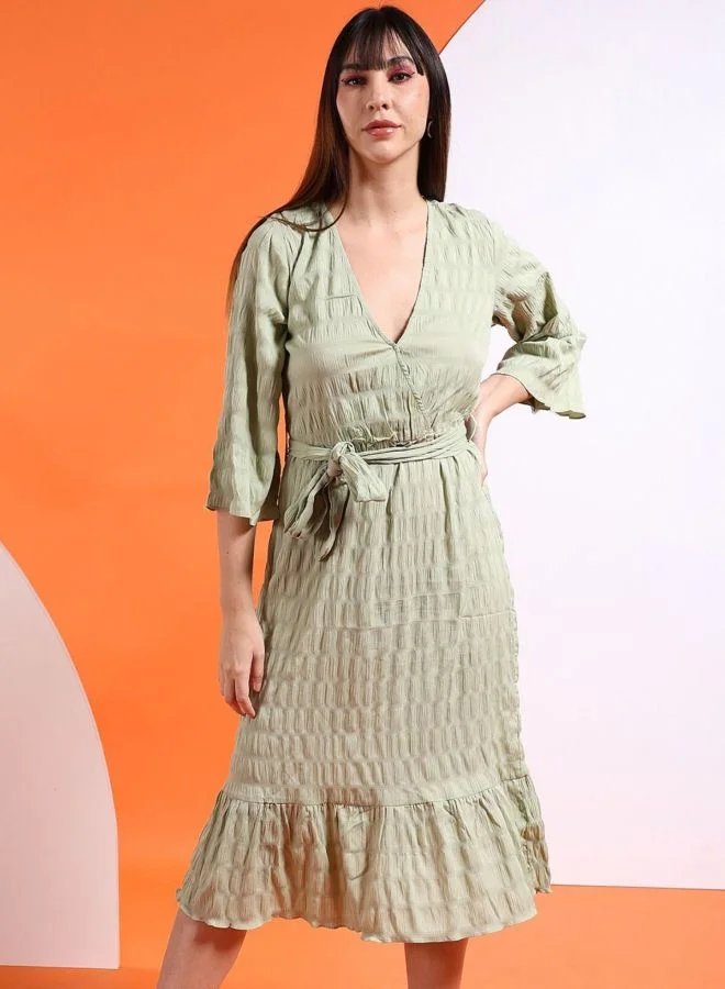 Women Fit and Flared Solid V-Neck Long Sleeve Wrap Midi Dress