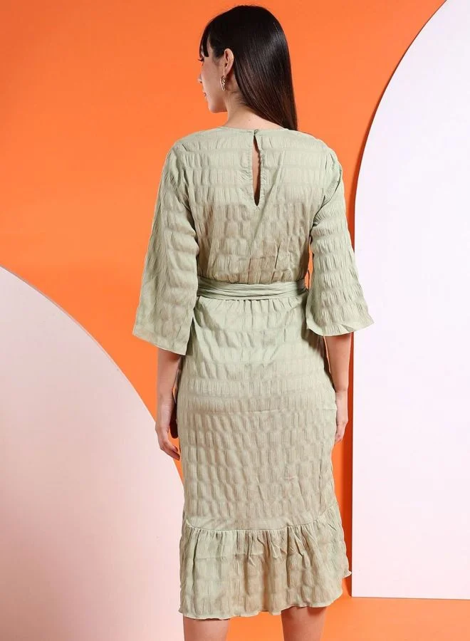 Freehand  Women Fit and Flared Solid V-Neck Long Sleeve Wrap Midi Dress for Women | Best Price UAE