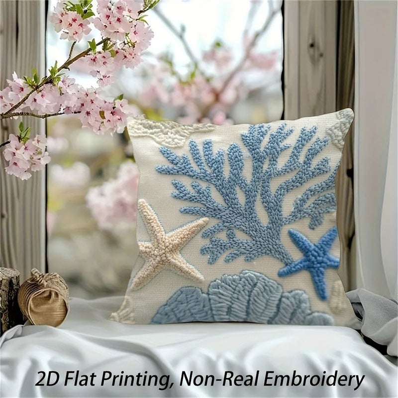 Ocean Themed Pillowcase 45x45cm Turquoise Blue Starfish Coral Reef Design Removable Zipper Nautical Beach Decor - Image 2