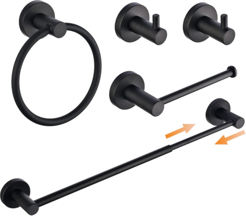 SHUNLI Black Bathroom Hardware Accessories Set - Adjustable 33-60CM Towel Rail Toilet Roll Holder Towel Ring 2Pcs Towel Hooks - Wall Mounted