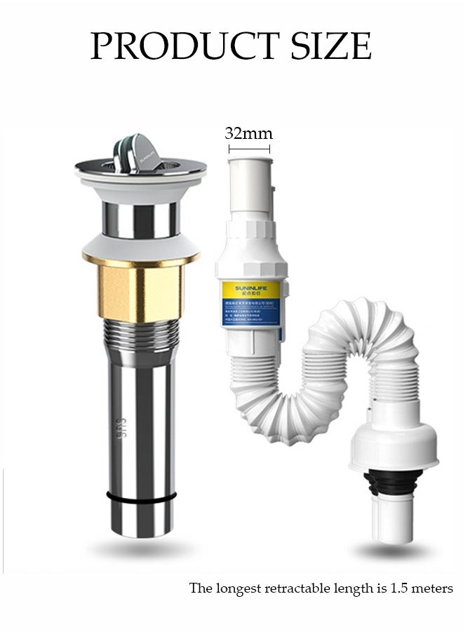 DUNISO Expandable Sink Drain Pipe Kit，1 Flip Type Drain, 1 Anti Odor Pipe，No Overflow Hole Odor Prevention Kit for Kitchen, Bathroom Basin  - Image 2