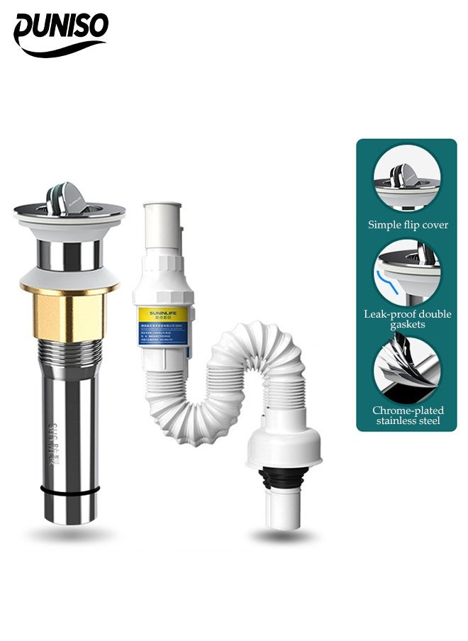 DUNISO Expandable Sink Drain Pipe Kit，1 Flip Type Drain, 1 Anti Odor Pipe，No Overflow Hole Odor Prevention Kit for Kitchen, Bathroom Basin  - Image 1