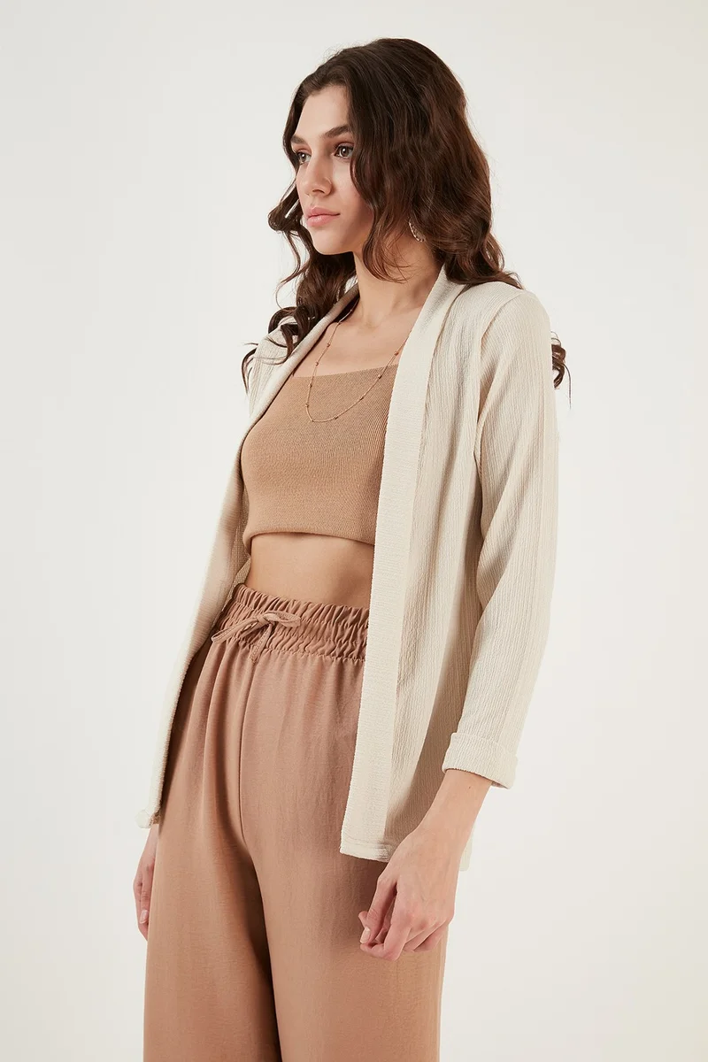 Lela Collar and Sleeve Folded Seersucker Kimono Cardigan Women's Cardigan 5869014