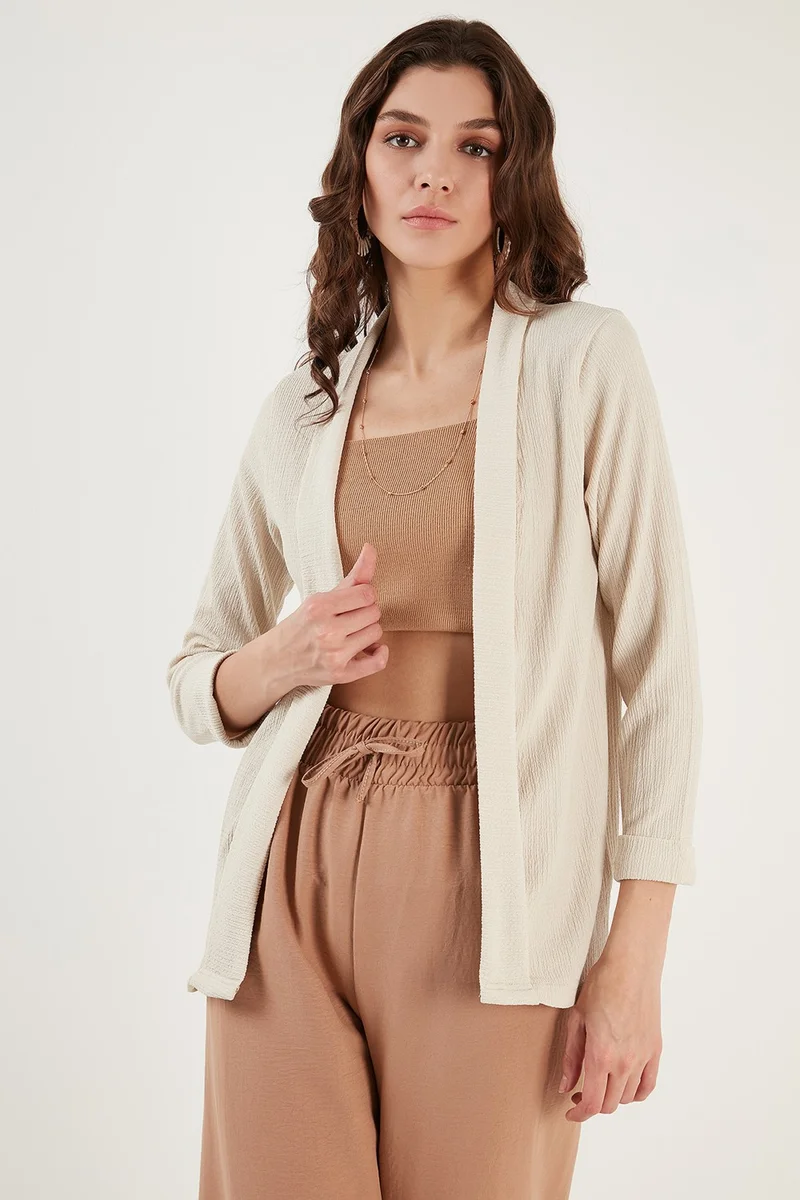 Lela Collar and Sleeve Folded Seersucker Kimono Cardigan Women's Cardigan 5869014