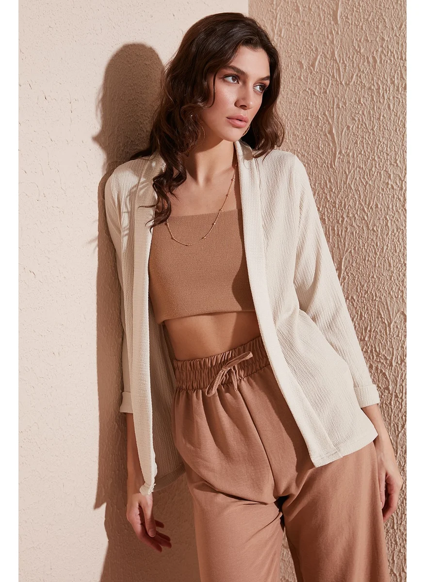 Lela Collar and Sleeve Folded Seersucker Kimono Cardigan Women's Cardigan 5869014