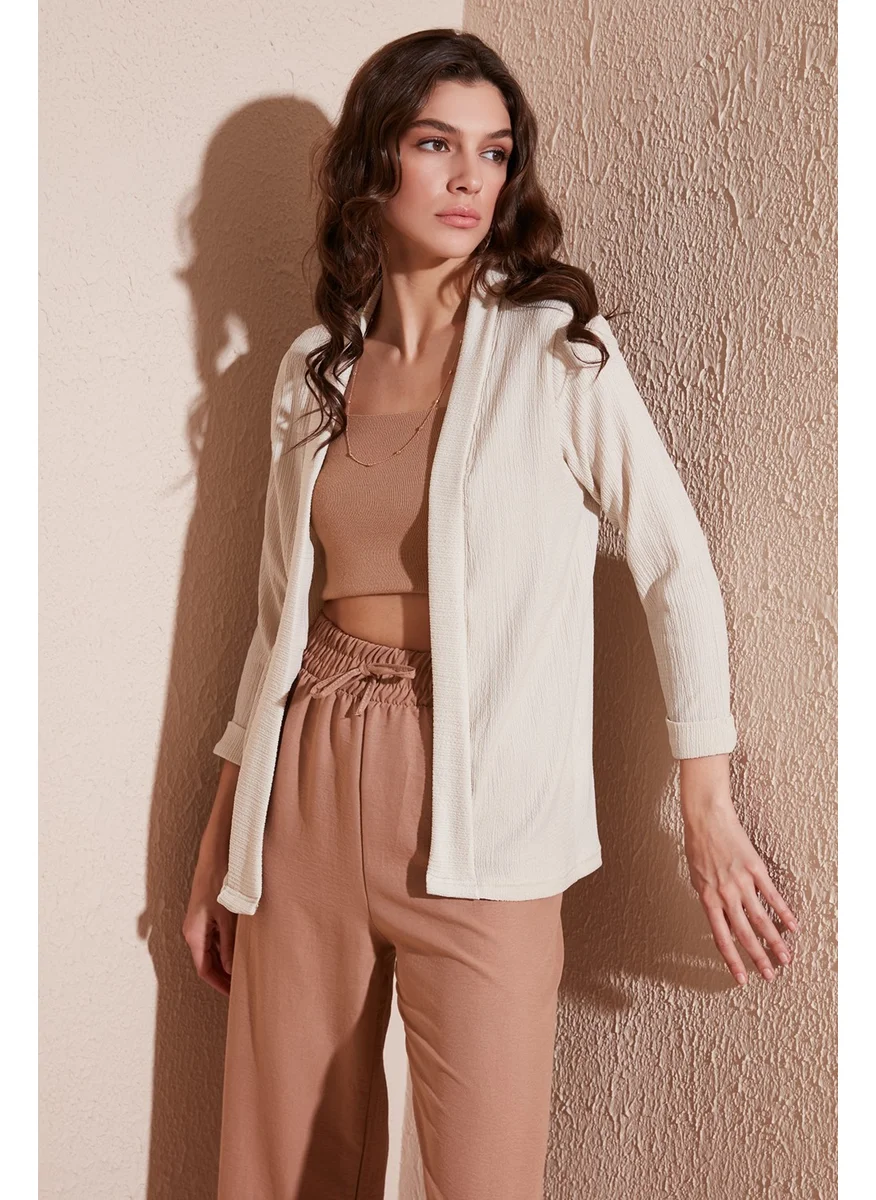 Lela Collar and Sleeve Folded Seersucker Kimono Cardigan Women's Cardigan 5869014