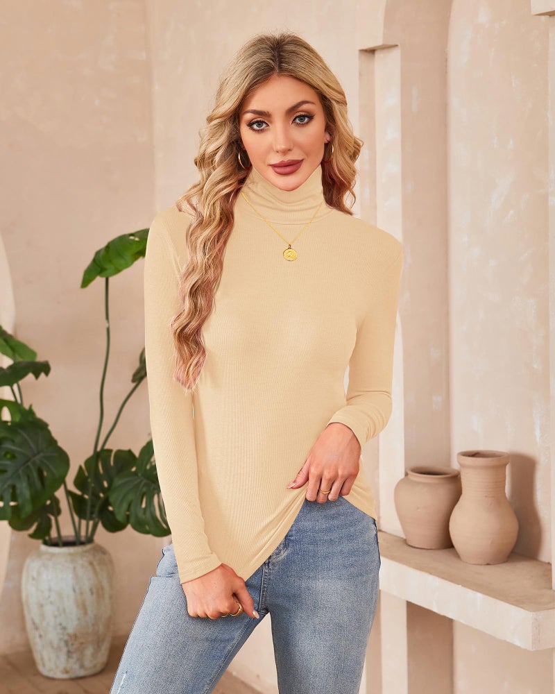 Herou 2 Pack Womens Long Sleeve Turtleneck Slim Fitted Lightweight Casual Active Layer Tops Shirts Black,Apricot Small - Image 3