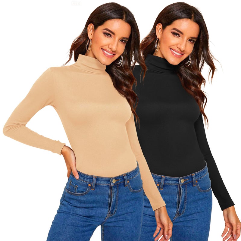 Herou 2 Pack Womens Long Sleeve Turtleneck Slim Fitted Lightweight Casual Active Layer Tops Shirts Black,Apricot Small - Image 1