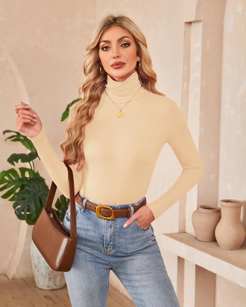 Herou 2 Pack Womens Long Sleeve Turtleneck Slim Fitted Lightweight Casual Active Layer Tops Shirts Black,Apricot Small - Image 4