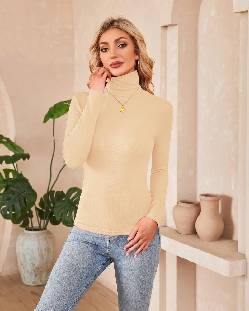 Herou 2 Pack Womens Long Sleeve Turtleneck Slim Fitted Lightweight Casual Active Layer Tops Shirts Black,Apricot Small - Image 2