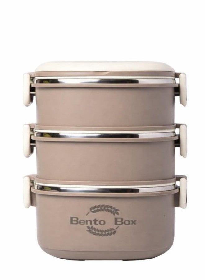 TeraaBliss Stainless Steel Stackable Lunch Box (2/3/4 Layer Options) | Leakproof Multi Layer Tiffin Box | 700ML Per Layer | Brown & Cream Colors | Office School Travel Food Container (Brown, 3 Layer)