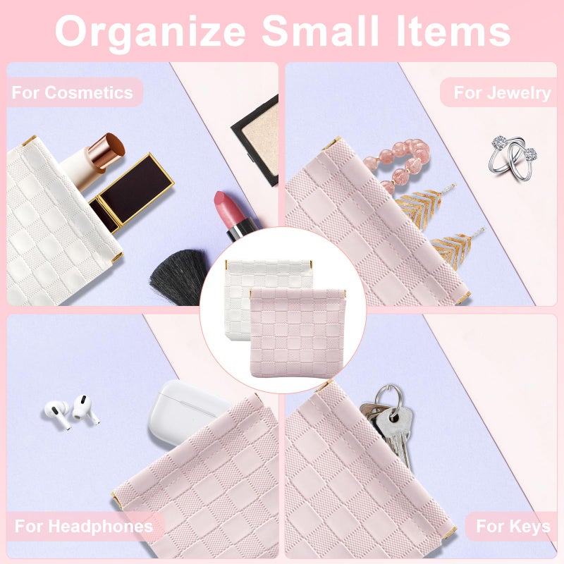 lyBlissor 4PCS Small Makeup Bag for Purse, Mini Leather Pocket Cosmetic Bag for Women, Waterproof Portable Makeup Pouch No Zipper Coin Purse Lipstick Bag Accessories, Checkered Travel Storage Bag(White, Pink) - Image 4