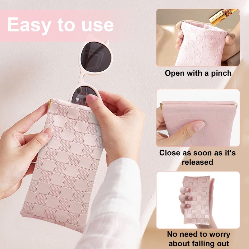 lyBlissor 4PCS Small Makeup Bag for Purse, Mini Leather Pocket Cosmetic Bag for Women, Waterproof Portable Makeup Pouch No Zipper Coin Purse Lipstick Bag Accessories, Checkered Travel Storage Bag(White, Pink) - Image 5