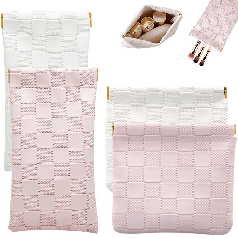 lyBlissor 4PCS Small Makeup Bag for Purse, Mini Leather Pocket Cosmetic Bag for Women, Waterproof Portable Makeup Pouch No Zipper Coin Purse Lipstick Bag Accessories, Checkered Travel Storage Bag(White, Pink) - Image 1