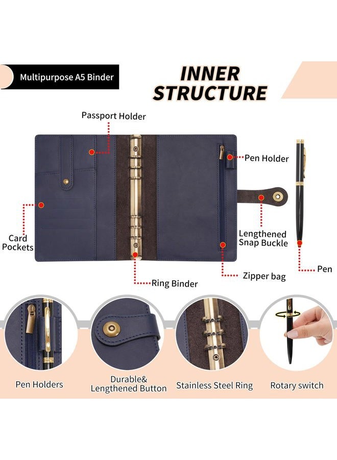 Wonderpool A5 Binder Journal Leather Spiral Notebook Refillable College Ruled Paper, Budget Binder Rings Diary Organizer with Pen for Office School Travel Business Planning Writing (Blue,A5) - Image 5