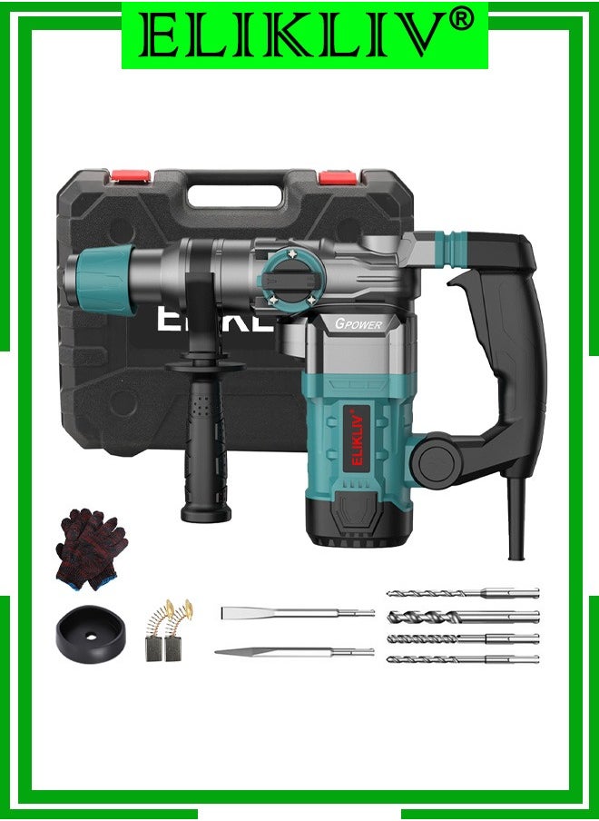 ELIKLIV - ELIKLIV Electric Hammer Drill, Vibration Control and Safety Clutch, 2200W Heavy Duty, Including 3 Drill Bits, Flat Chisels, Point Chisels, 360°Rotating Handle, with Carrying Case - Image 1
