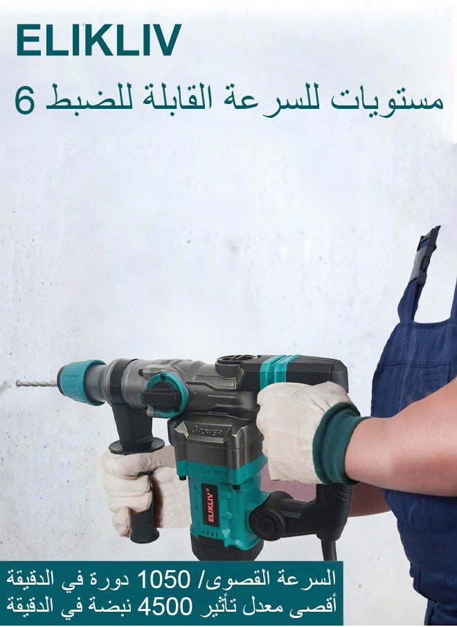ELIKLIV - ELIKLIV Electric Hammer Drill, Vibration Control and Safety Clutch, 2200W Heavy Duty, Including 3 Drill Bits, Flat Chisels, Point Chisels, 360°Rotating Handle, with Carrying Case - Image 1